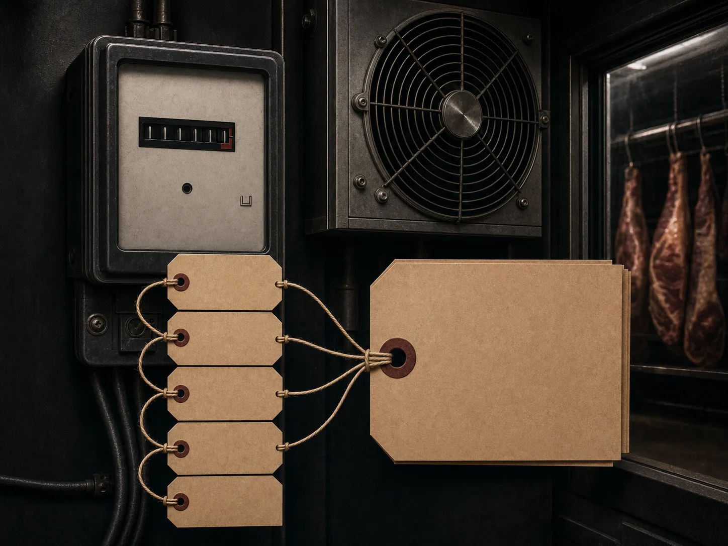 Energiemeter en koeling met verbonden papieren dossiers